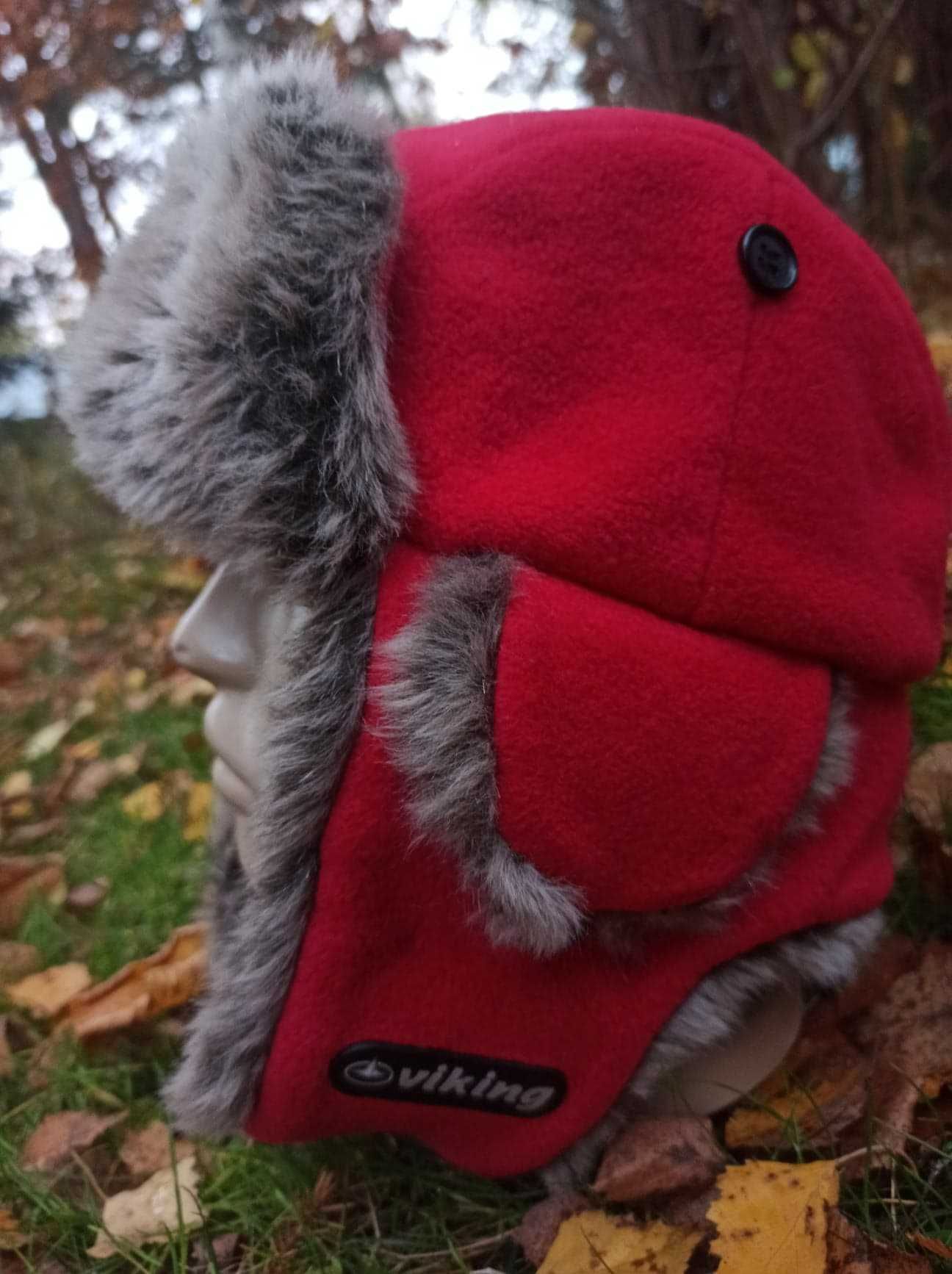 Nowa polarowa czerwona czapka pilotka unisex futrzana Viking 56 cm