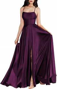 Fioletowa satynowa sukienka maxi wiązanie XL 42