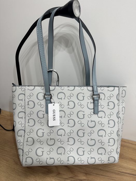 Oryginalna torebka Guess niebieska kremowa duża torba shopper bag