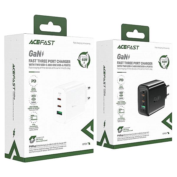 Acefast szybka ładowarka sieciowa GaN (2x USB-C / USB-A) PPS / PD / QC