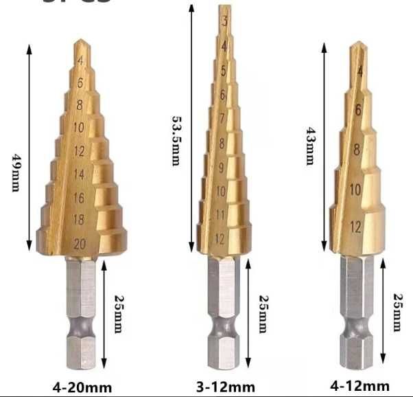 WIERTŁO stopniowe stożkowe do wkrętarki HEX x3szt.