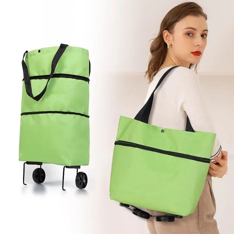 Складная сумка-тележка для покупок с колесами (синий, оранжевый, зелён