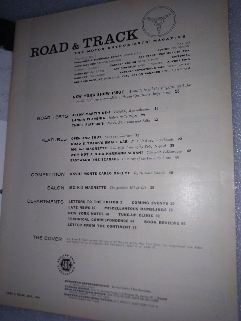 Antiga e Rara Revista Road & Track Aston Martin de 1959