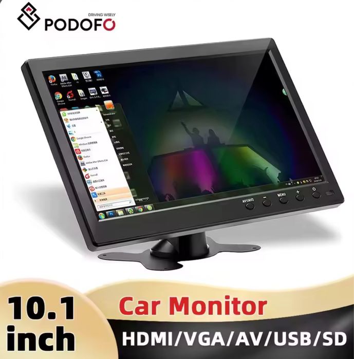 Monitor samochodowy 10.1” Podofo HDMI VGA AV USB SD + pilot
