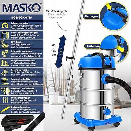 Odkurzacz Masko przemysłowy 2300W INOX na sucho i mokro 30L, niebieski