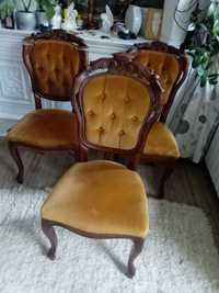 3 krzesła Ludwikowskie drewniane rzeźbione na sprężynach