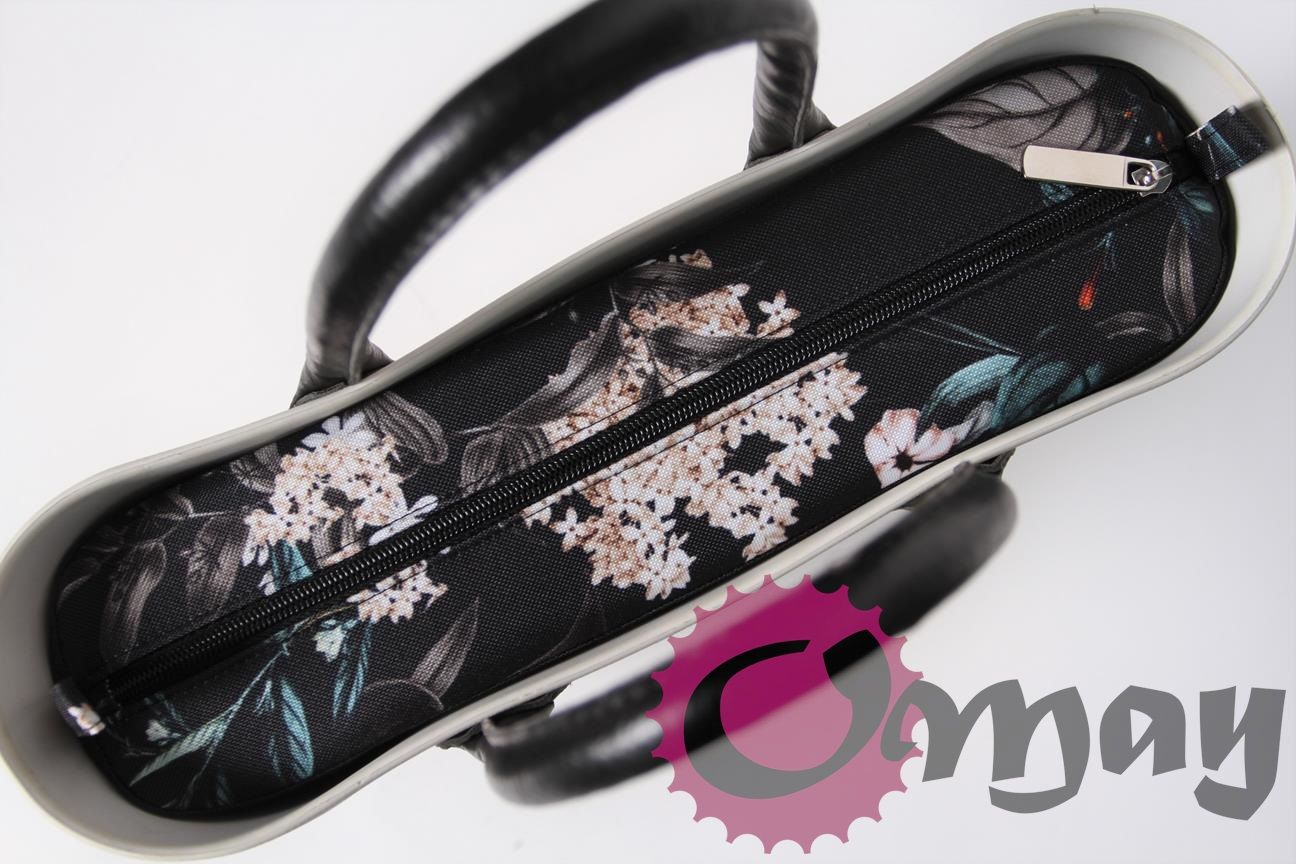 Czarny organizer OBAG MINI +OPASKA kwiaty bzy konwalie 2kieszenie OMAY