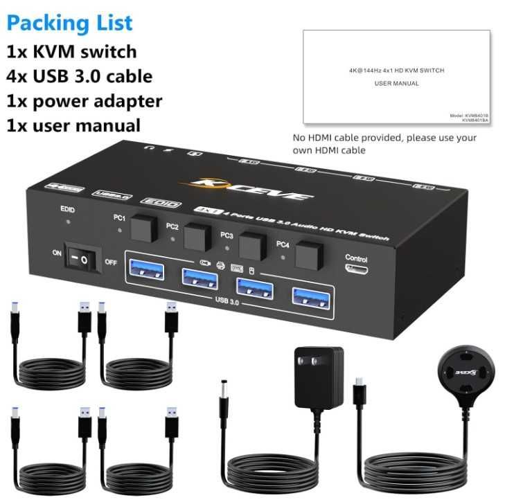 Плата перемикання KCEVE KVM 8401BA 4х1 USB-B3.0 Audio HDMI 8K/60Гц