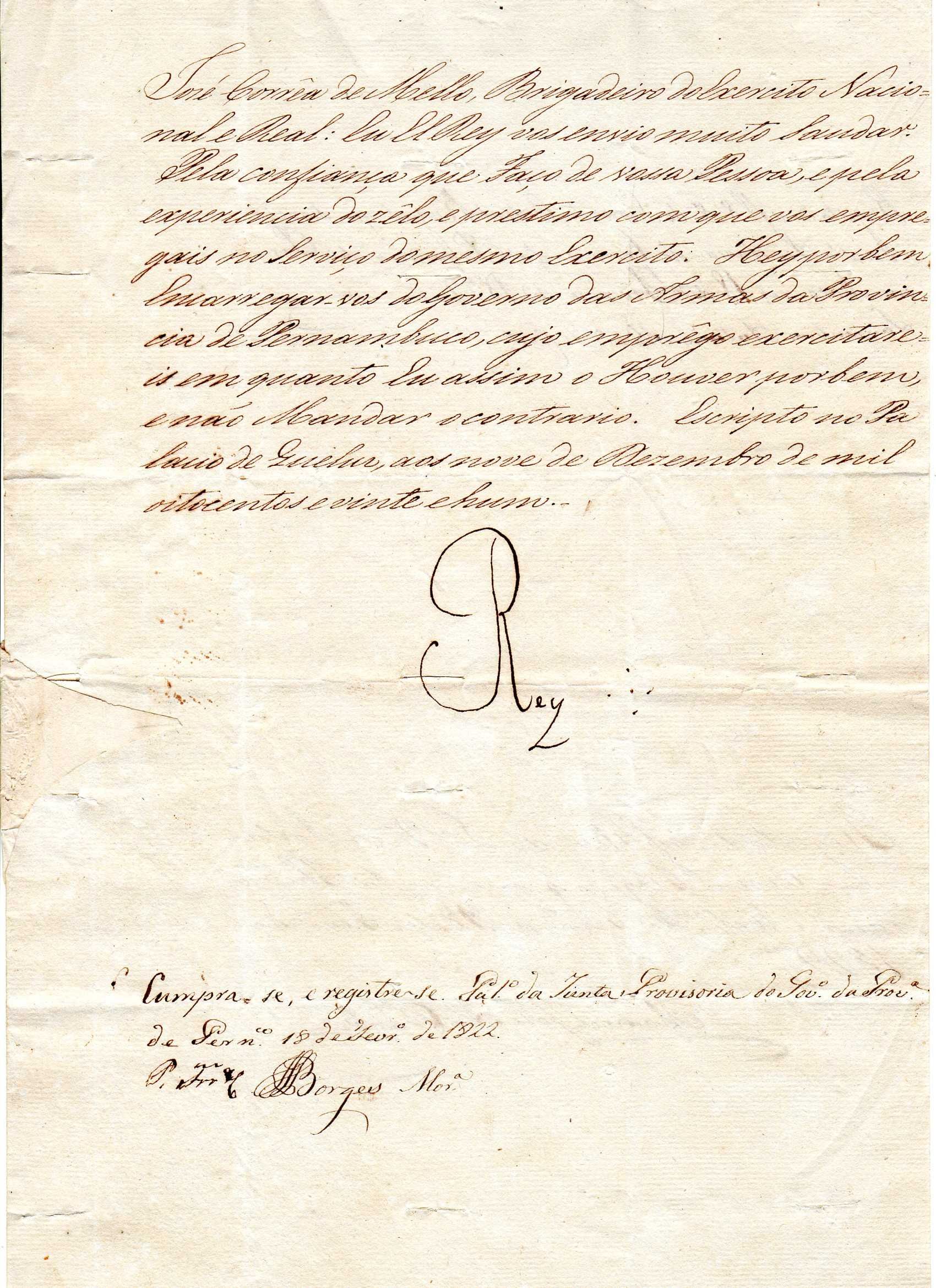 RARÍSSIMA Carta Régia de D. João VI Governo Militar de Pernambuco 1821