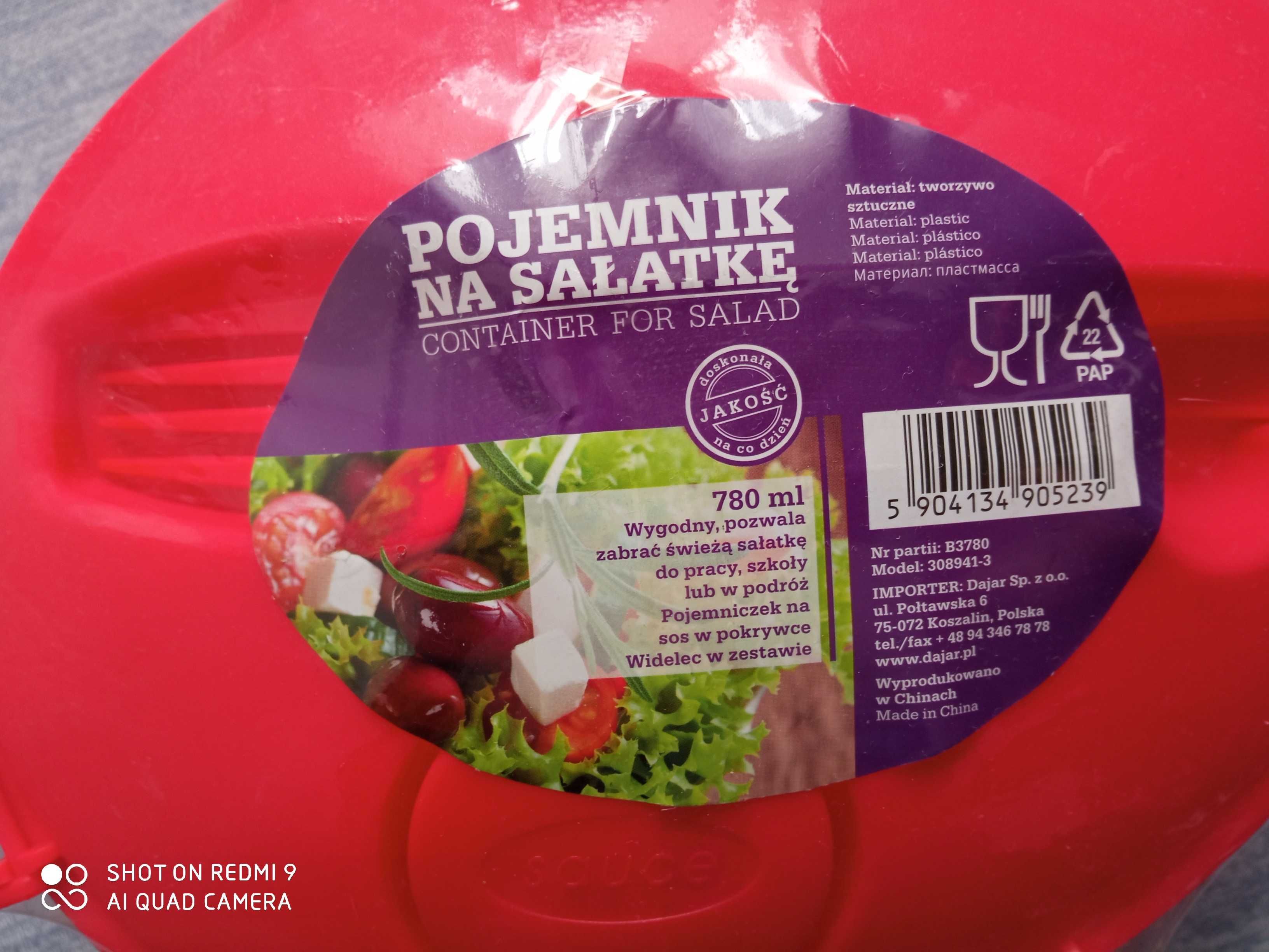 Nowy pojemnik na sałatkę 780 ml z widelcem i pojemnikiem na sos