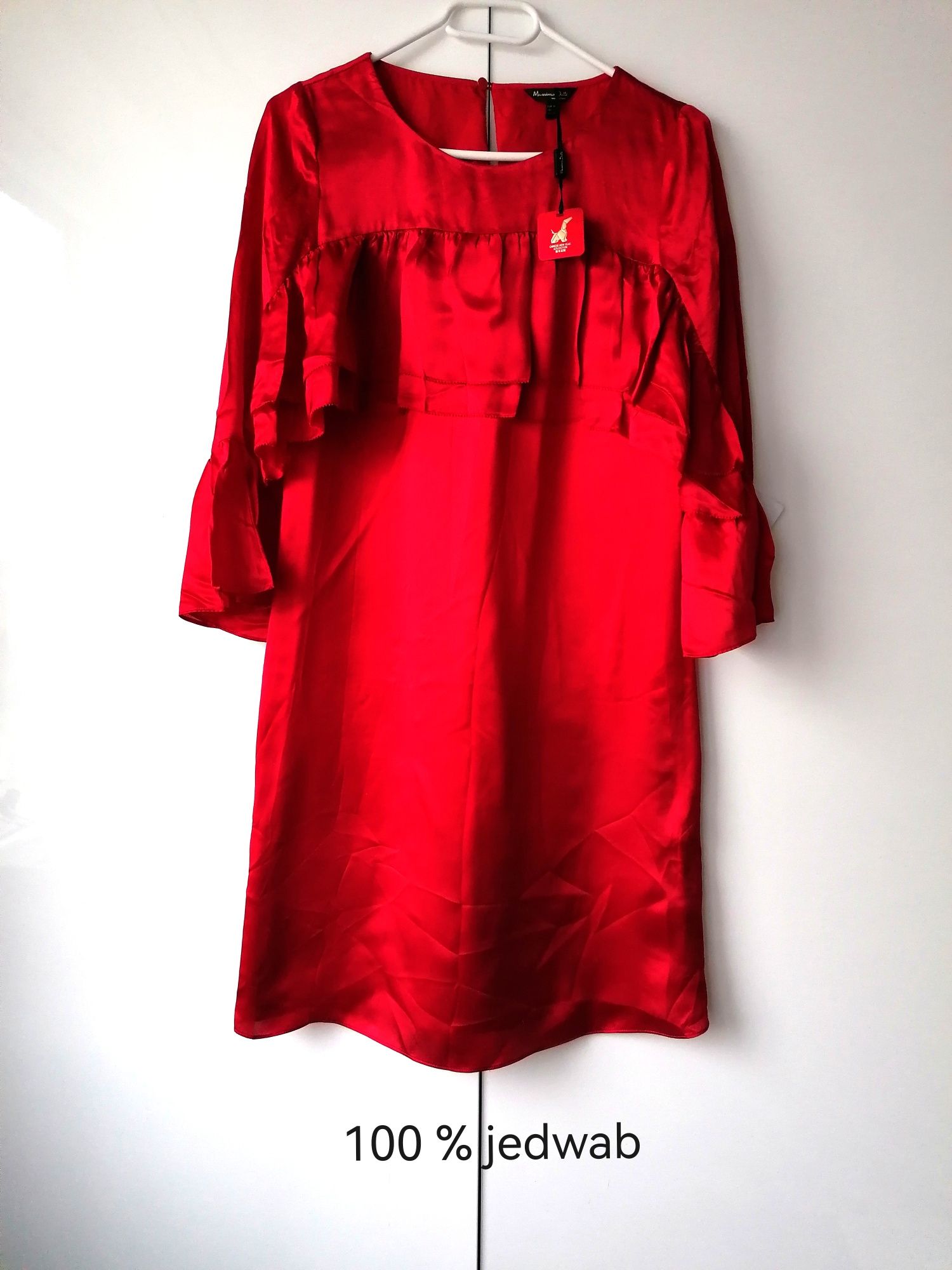 Massimo Dutti jedwabna sukienka czerwona jedwab mini falbanki 34 xs