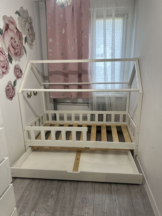 Łóżeczko dziecięce domek szuflada materac biale 160x80