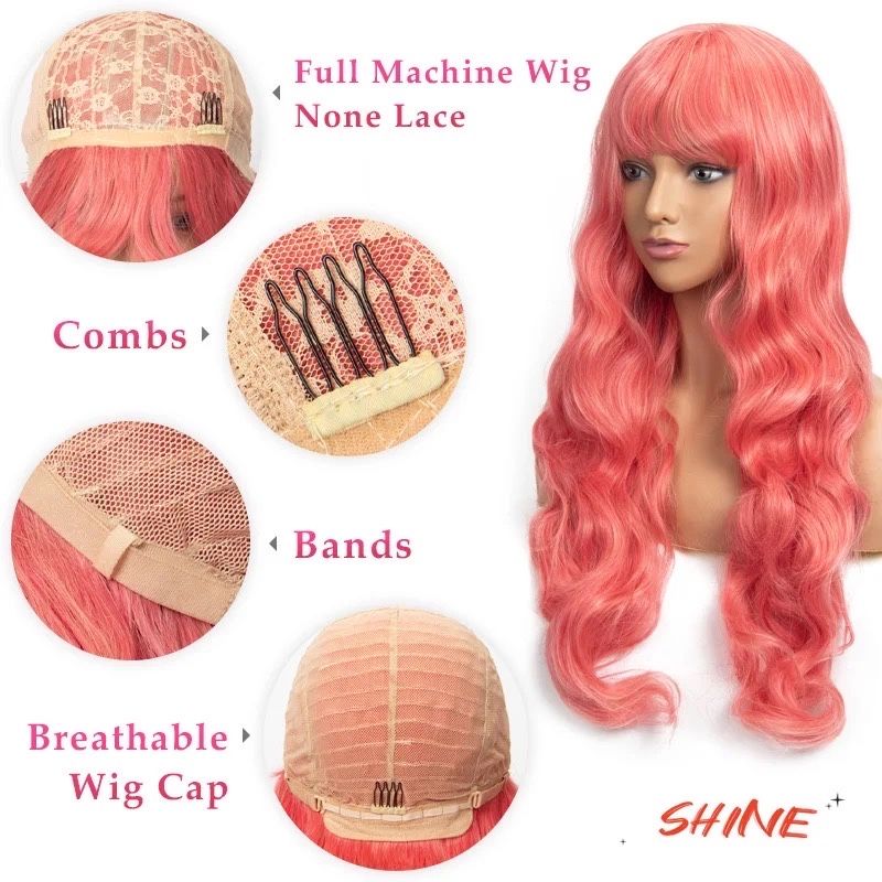 женский парик длинные розовые волосы с челкой