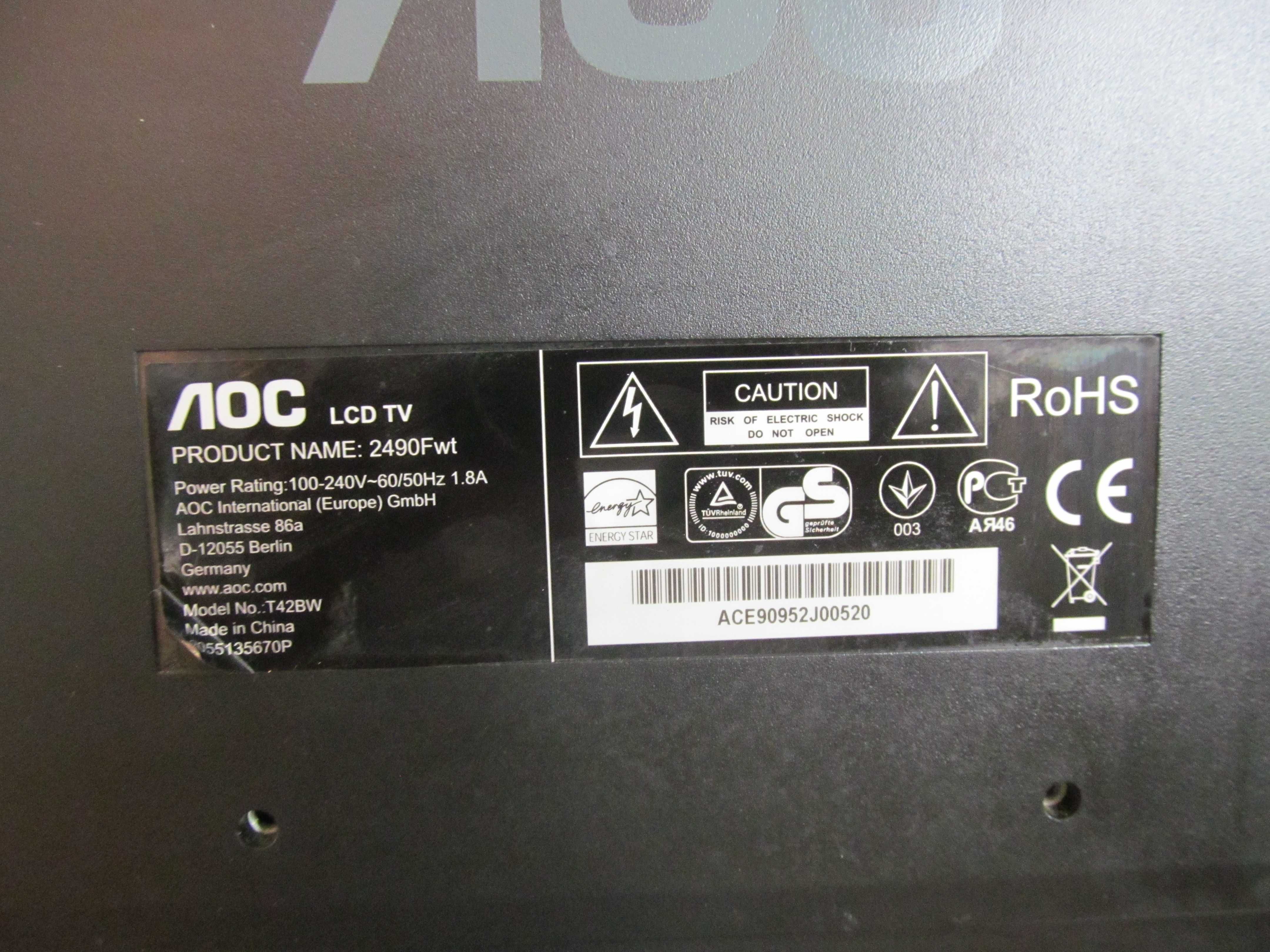 Telewizor AOC 2490Fwt- LCD TV- 24 " cale. Brak pilota, Full HD monitor