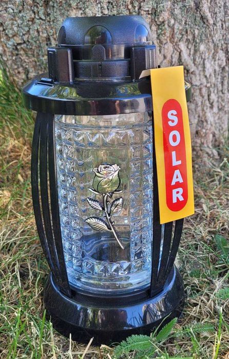 3 Duże znicze Solarne Lampiony 'Srebrna Róża', Lampy na Cmentarz 24cm