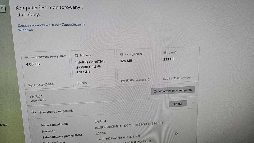 Komputer Dell Vostro 3268 Intel i3-7100 4GB RAM SSD 240GB, Win 10 Pro