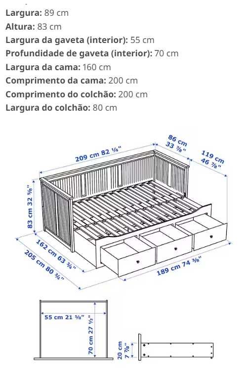 HEMNES - Cama individual e dupla c/3 gavetas de arrumação e 2 colchões