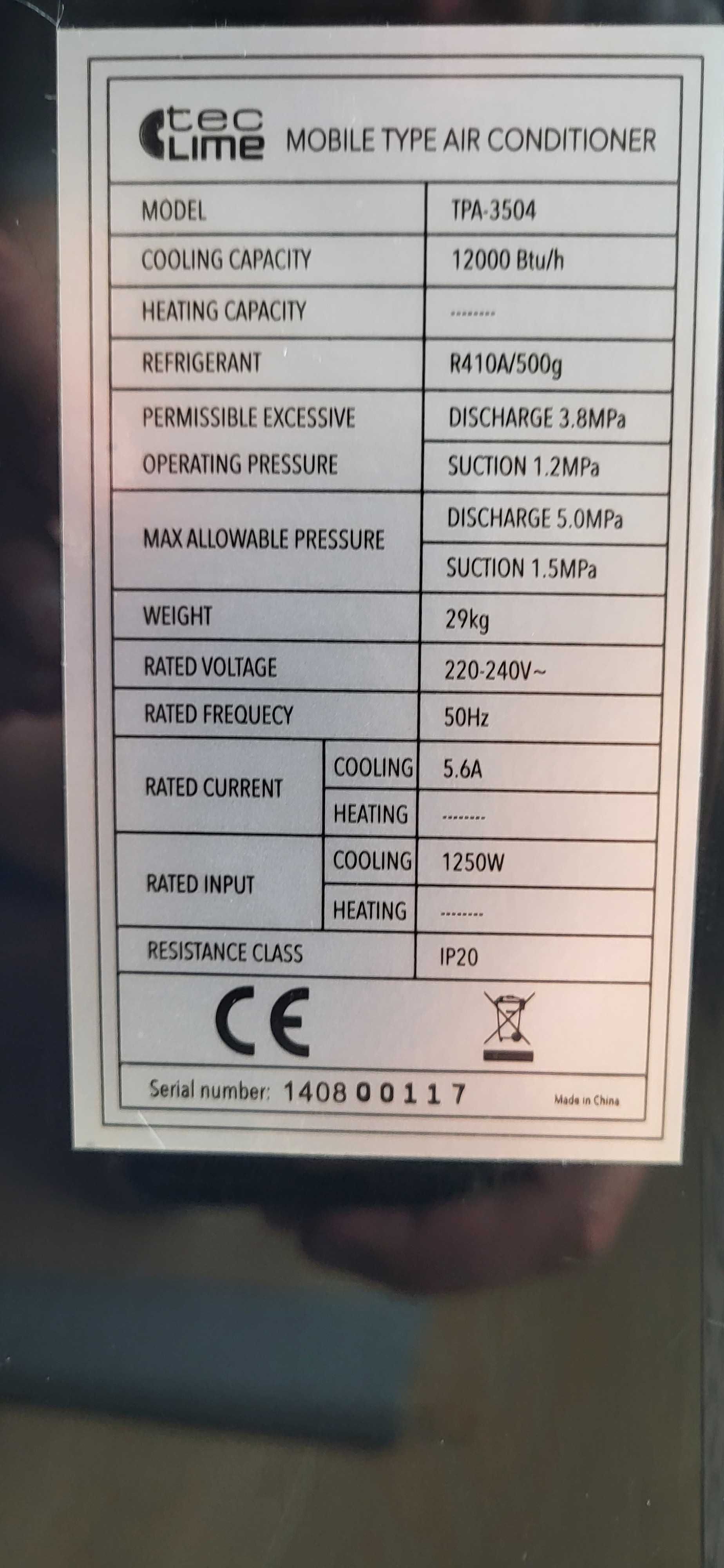 Klimatyzator przenośny typu monoblok TPA 3504 TECLIME