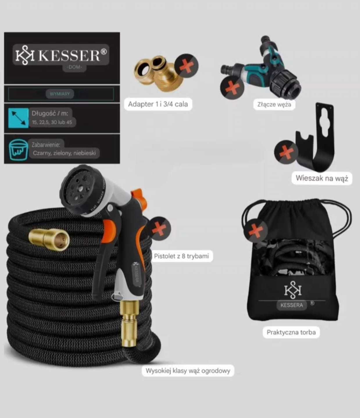 Wąż ogrodowy KESSER® Premium elastyczny 45m - czarny - komplet