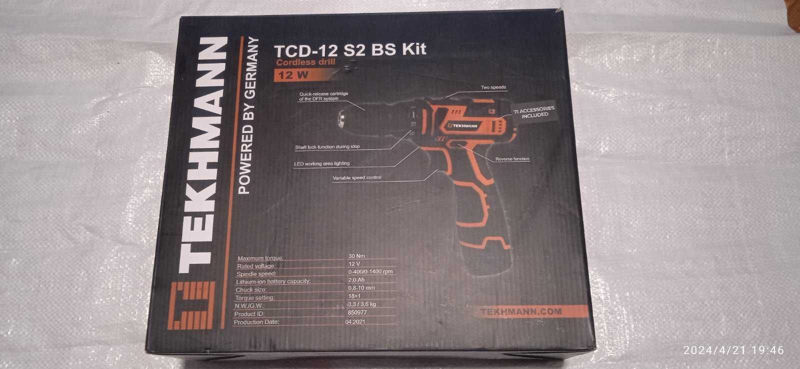 Шуруповерт аккумуляторный Tekhmann TCD-12 S2 BS KIT