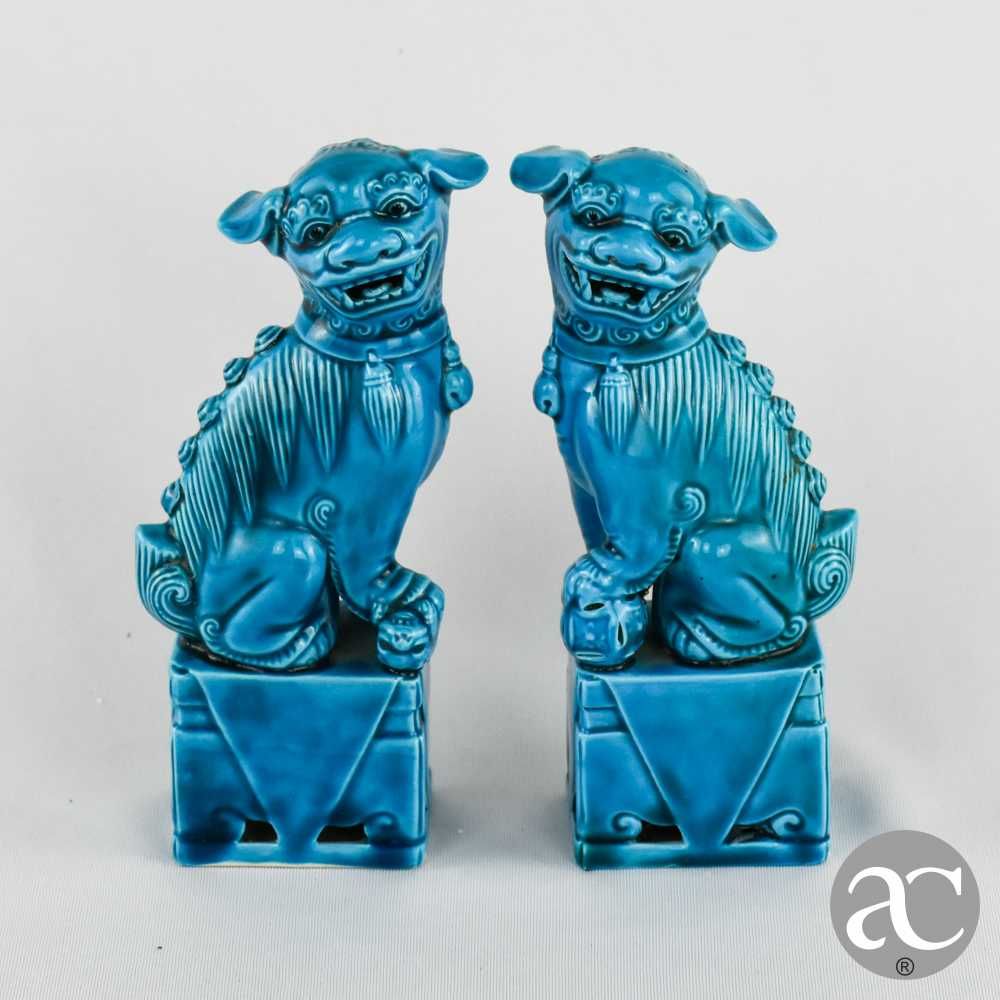 Par de Cães de Foo porcelana da China em Azul-turquesa