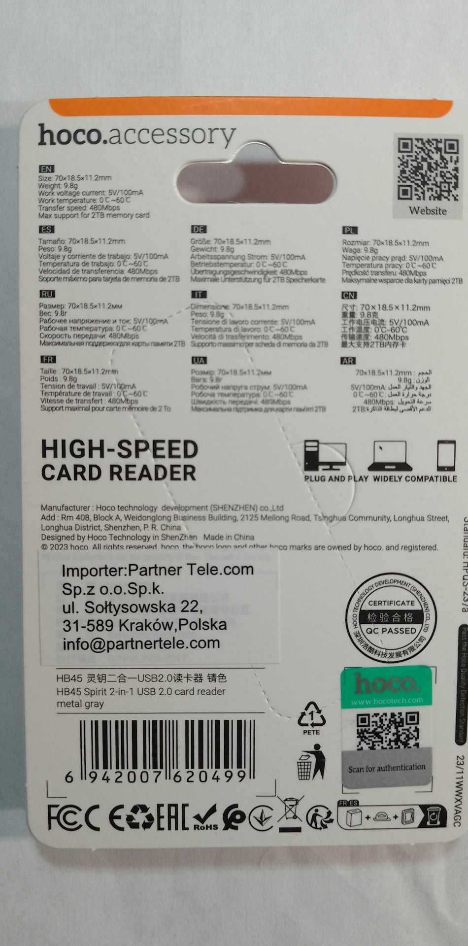 HOCO czytnik kart pamięci USB A 2.0 HB45 szary