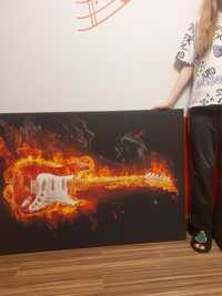 Obraz duży gitara ogień czarny czerwony na płótnie do pokoju dekoracja