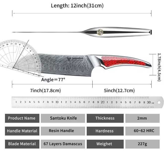 SANMUZUO 7-calowy nóż Santoku kuchenny ze stali damasceńskiej
