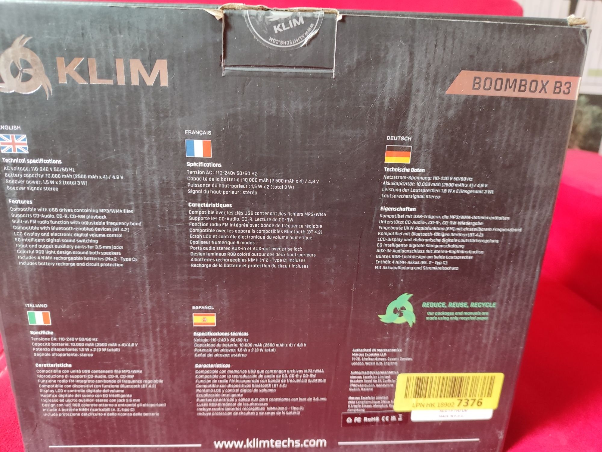 KLIM Boombox Przenośny odtwarzacz Radio FM CD MP3 Bluetooth Aux USB RG