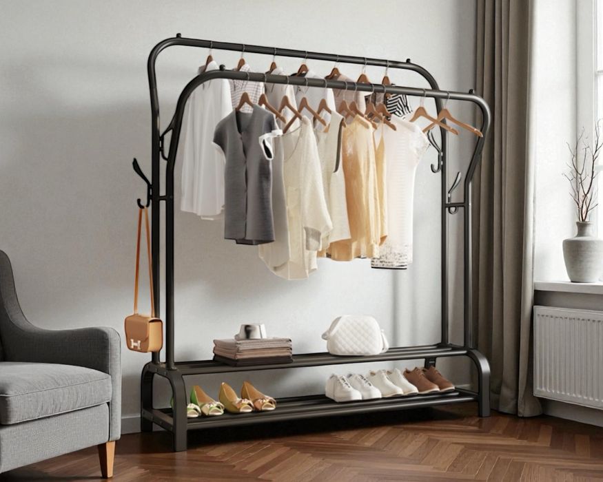 Wieszak na ubrania do przedpokoju / Metalowy / Półki na buty / Duży