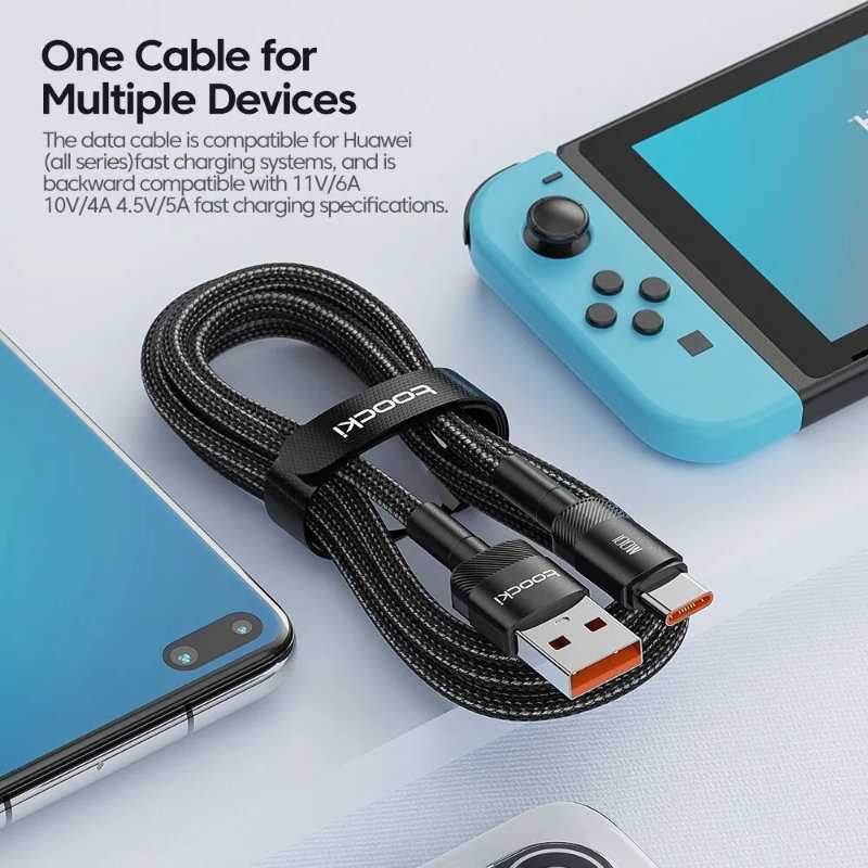 Kabel Ładowania TOOCKI 2m USB-A i USB-C Kabel z Oplotem Czarno-Zielony
