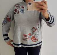 Sweter bluzka damska szara kwiaty vintage XL XXL biust 64x2 półgolf