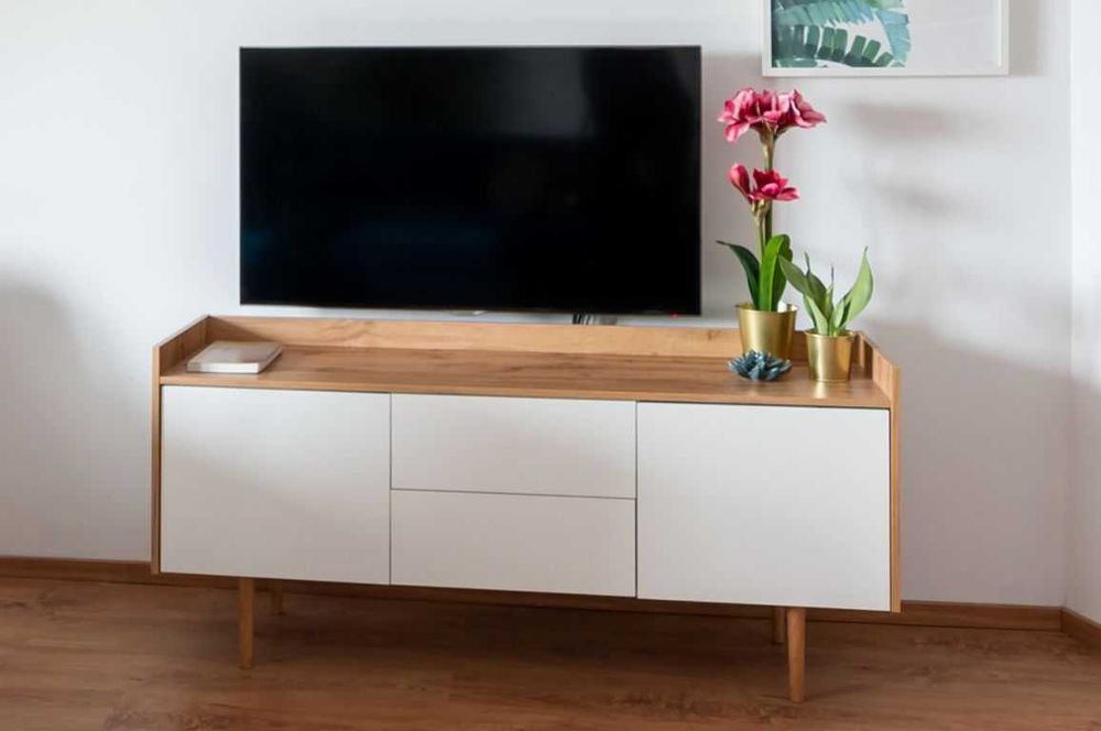 Stylowy, piękny kredens, szafka RTV, komoda JYSK AARUP biały/dąb 148cm