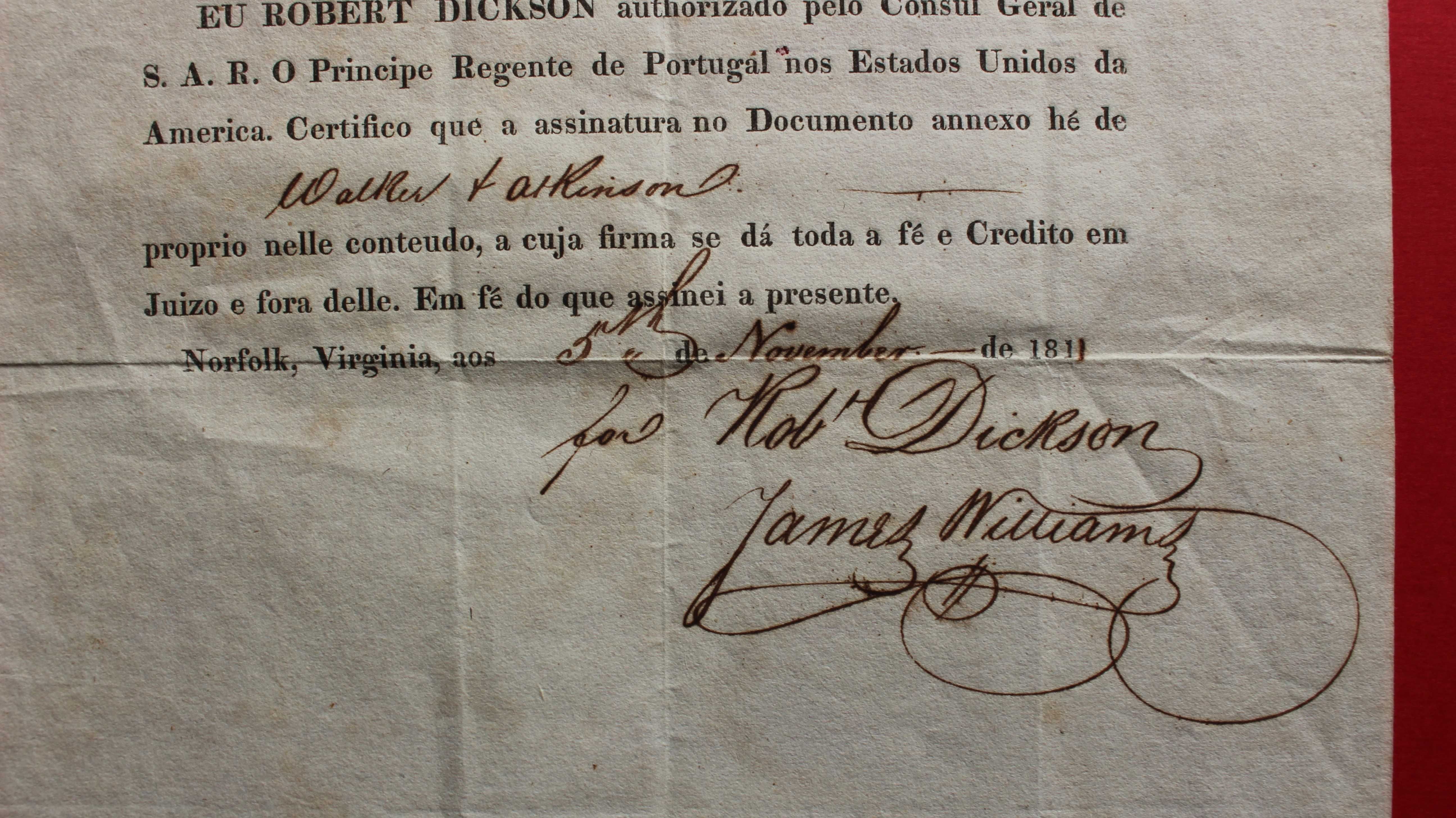 Cônsul do Príncipe Regente Portugal nos Estados Unidos 1811 raro