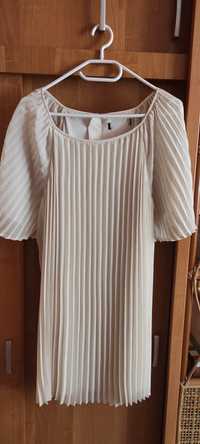 Elegancka plisowana kremowa tunika sukienka motyl L
