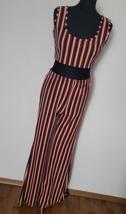 Nowy komplet top i spodnie damskie dzwony wysoki stan w pionowe paski