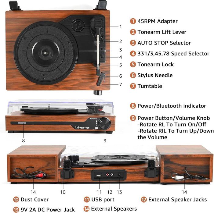 Odtwarzacz płyt winylowych z głośnikami,Przenośny gramofon Bluetooth