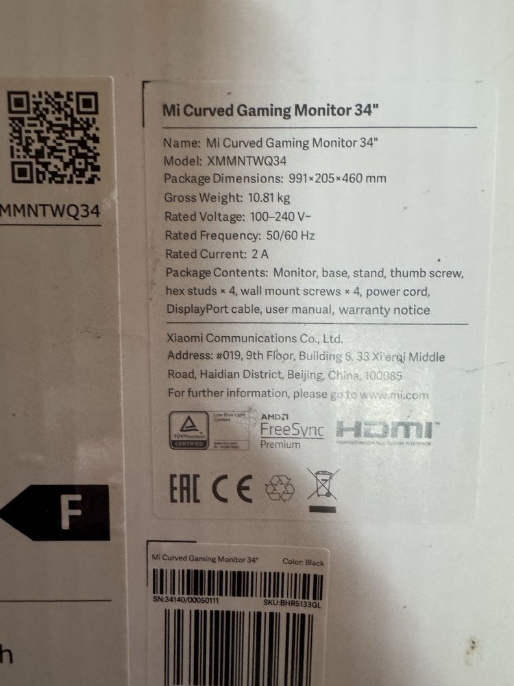 Монітор вигнутий  34" 144hz Xiaomi xmmntwq34