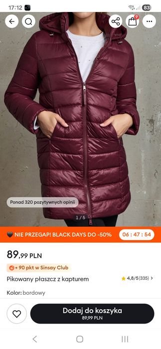 Pikowany płaszcz z kapturem, NOWY ! Rozm.38