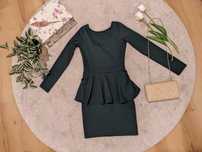 Vestido curto Verde-escuro Justo/Costas abertas/Manga comprida (XS)