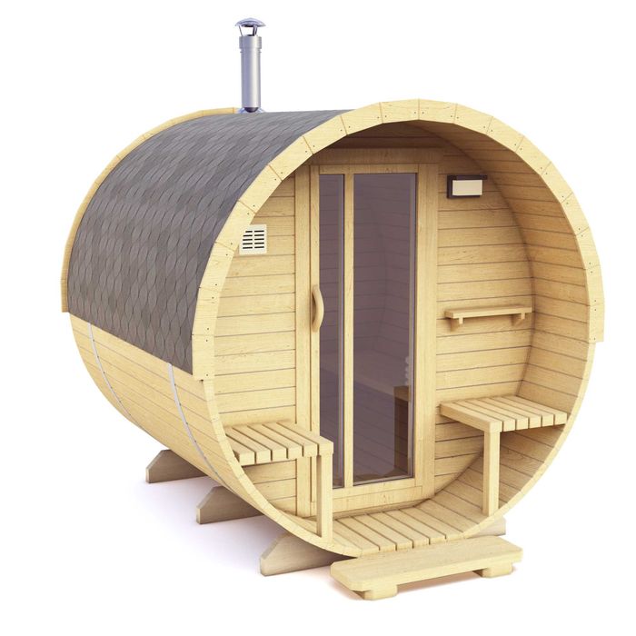 Sauna Tonne 2,4 m z otwartym przedsionkiem.
