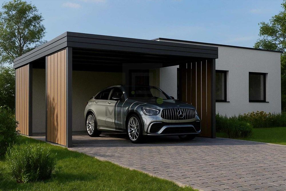 Carport na 2 auta 5,5x5,5 Modern+ Złoty Dąb – zaprojektuj wiatę w 3D