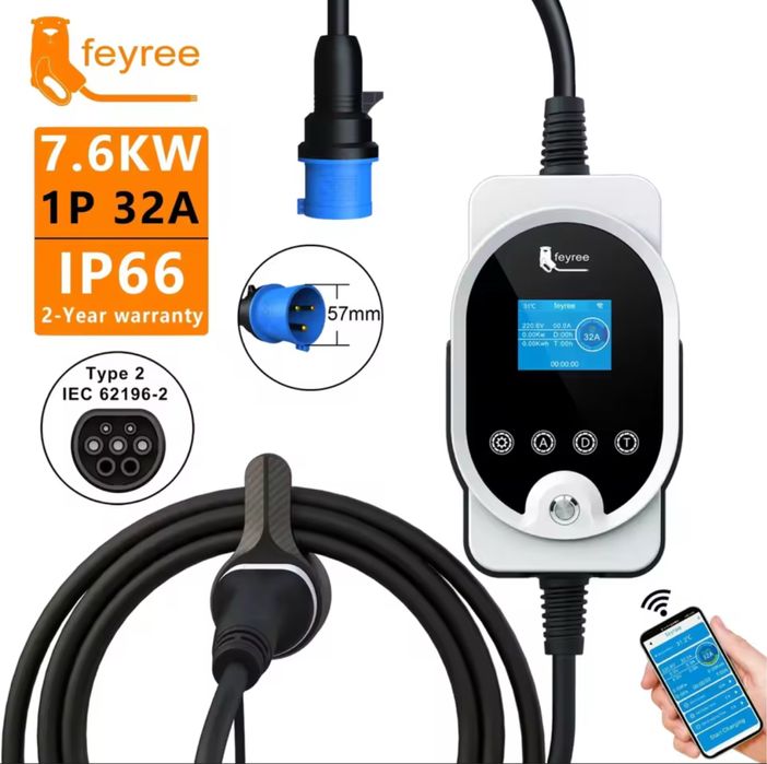 Feyree Type 2 7,6кв 32А+wifi 5м зарядний пристрій доя електромобіоя