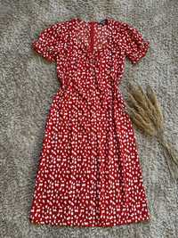 Платье миди с цветочным принтом красное с объемными рукавами сукня