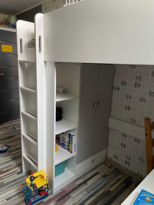Łóżko piętrowe z biurkiem, Ikea SMÅSTAD, białe/szare