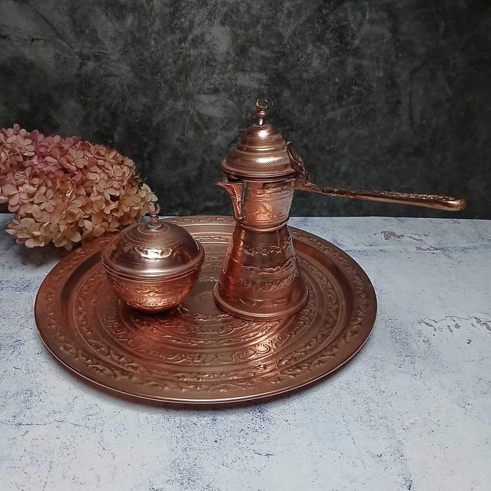 Miedziany komplet 3szt- miedziany tygielek cukierniczka miedziana taca