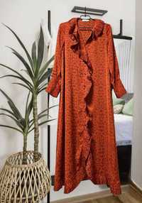 Красное платье миди в принт на пуговицах с рюшами Mango, р. S