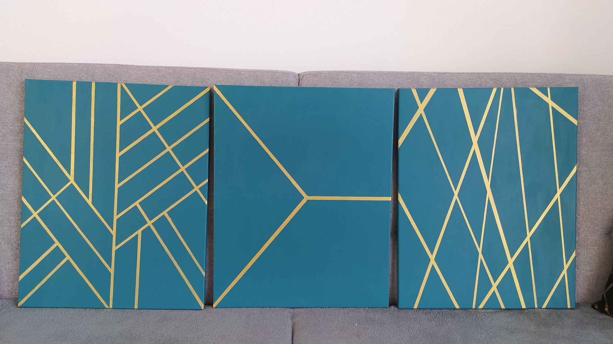 Tryptyk złoto i szmaragd nowoczesny obraz abstrakcja 40x50 / 120x50