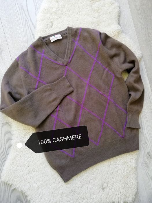 Czekoladowy sweter 100% kaszmir romby V neck Made in Italy S M 36 38