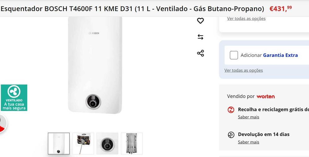 Esquentador 11 L - Ventilado - Gás Butano-Propano